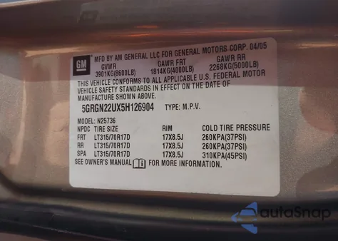 2005 Hummer H2 Sut z USA, uszkodzony, nr VIN 5GRGN22UX5H126904